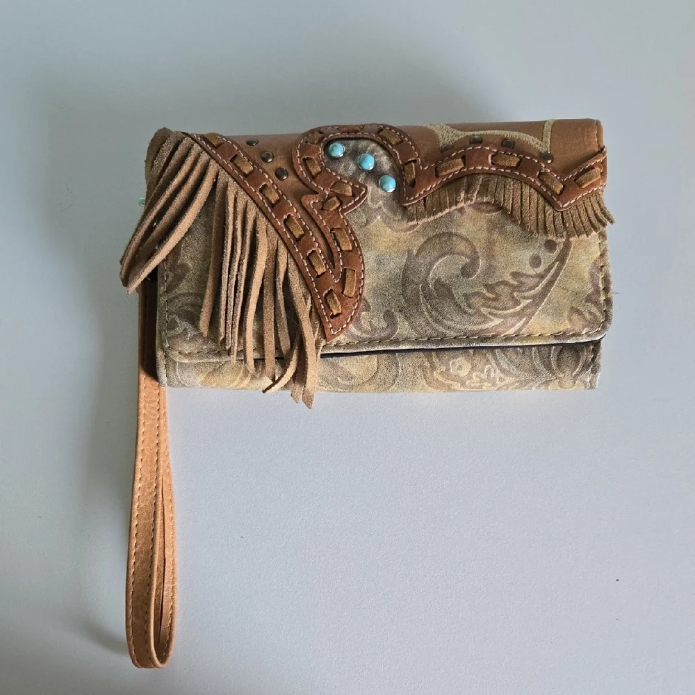 Boho-Western Tan and Brown Women's Clutch - Picture 1 of 9